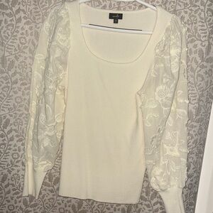 Cream Sweater with Sheer Embroidered Sleeves
